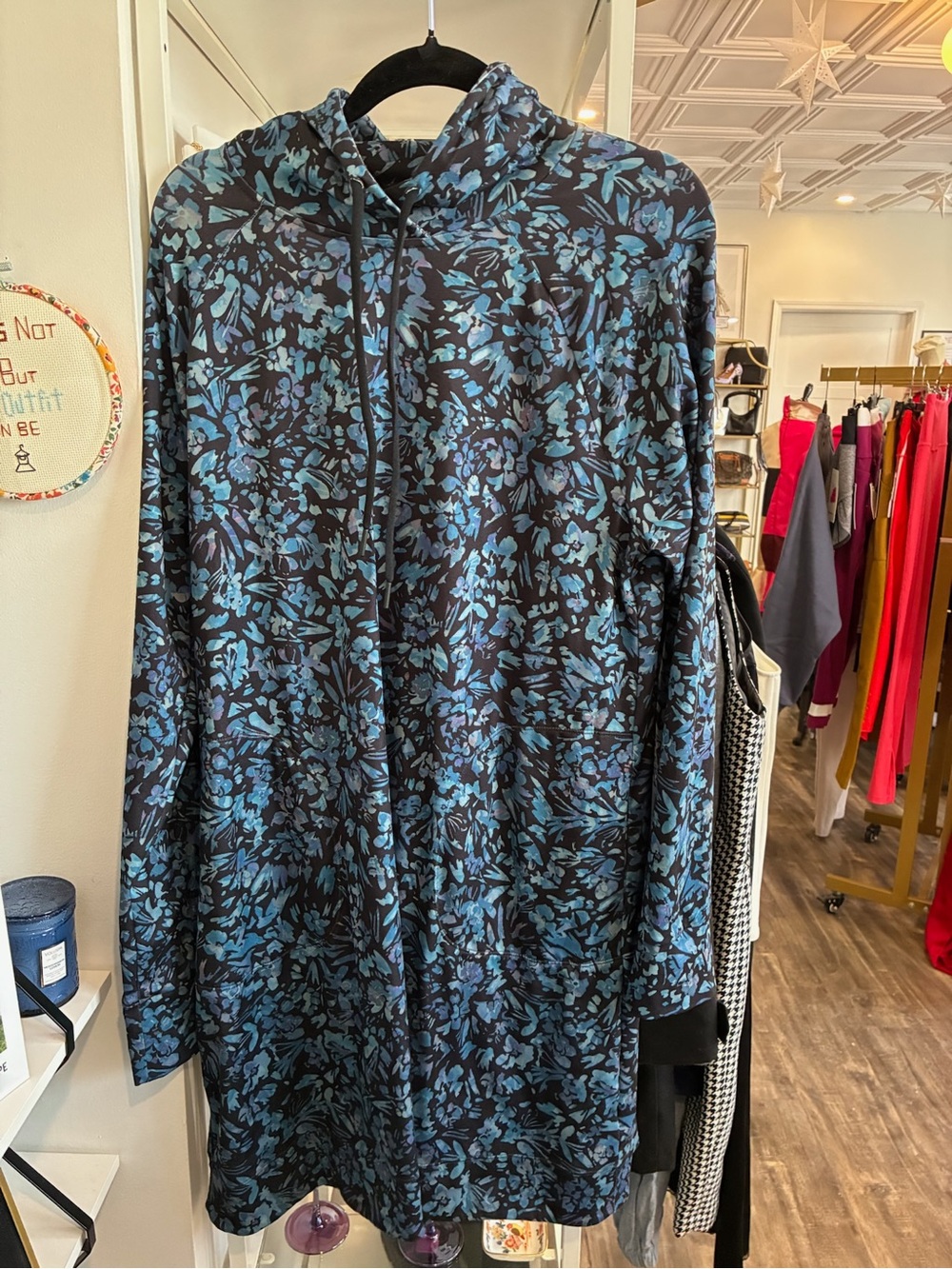 Title Nine Blue and Teal Floral Hooded Sweatshirt Dress